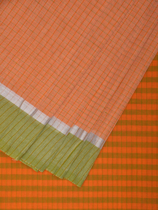 Light Orange Kanchipuram Cotton Handloom Saree with Big Check Design k0566