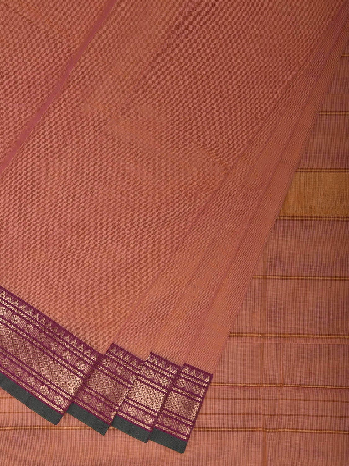Light Orange Kanchipuram Cotton Plain Saree with Strips and Border Design k0852