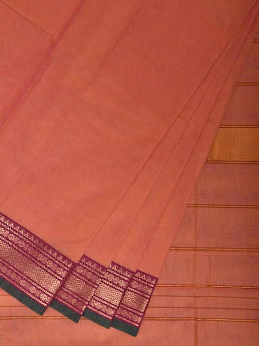 Light Orange Kanchipuram Cotton Plain Saree with Strips and Border Design k0852