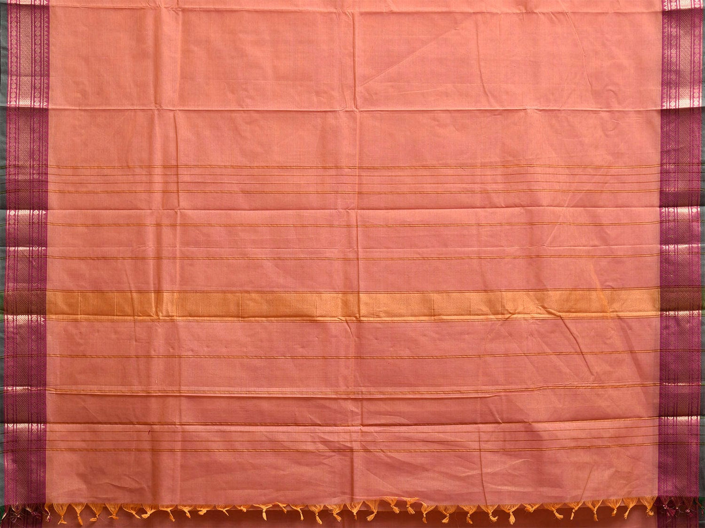 Light Orange Kanchipuram Cotton Plain Saree with Strips and Border Design k0852