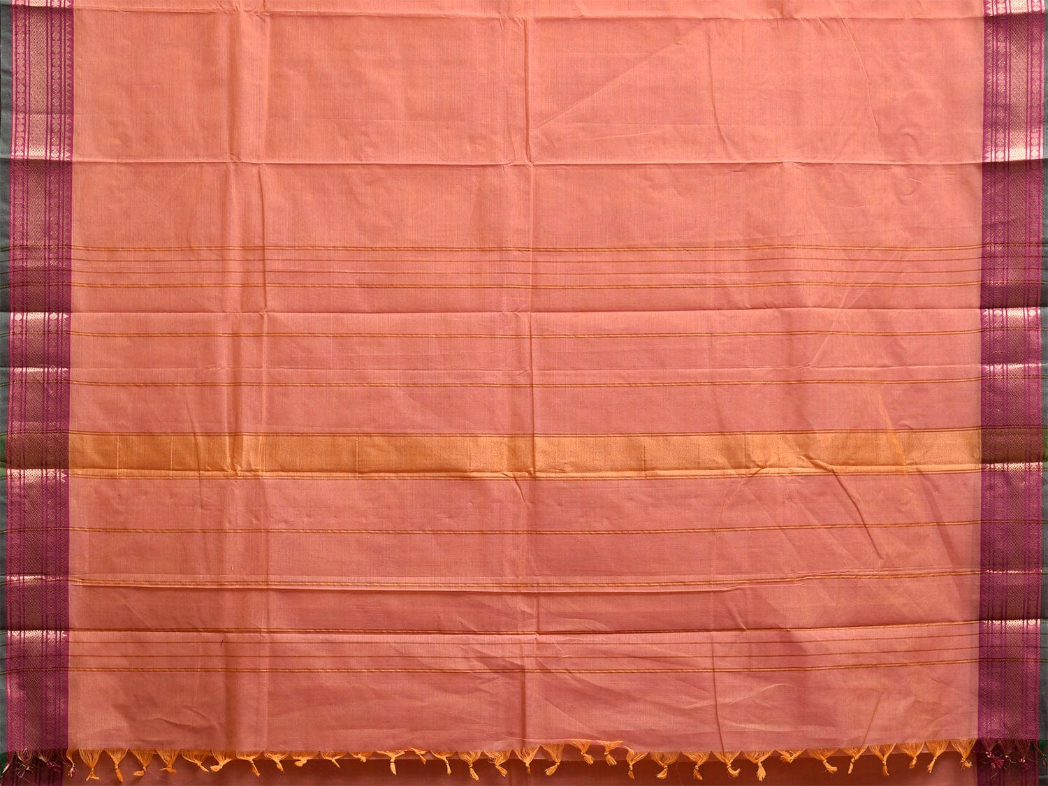 Light Orange Kanchipuram Cotton Plain Saree with Strips and Border Design k0852