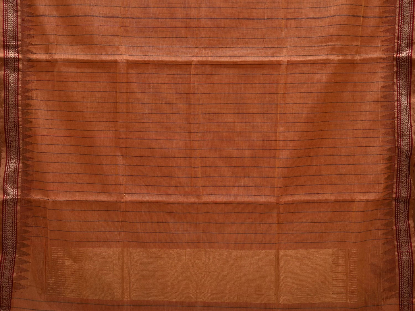 Light Orange Khadi Cotton Handloom Saree with Strips and Temple Border Design kh0539