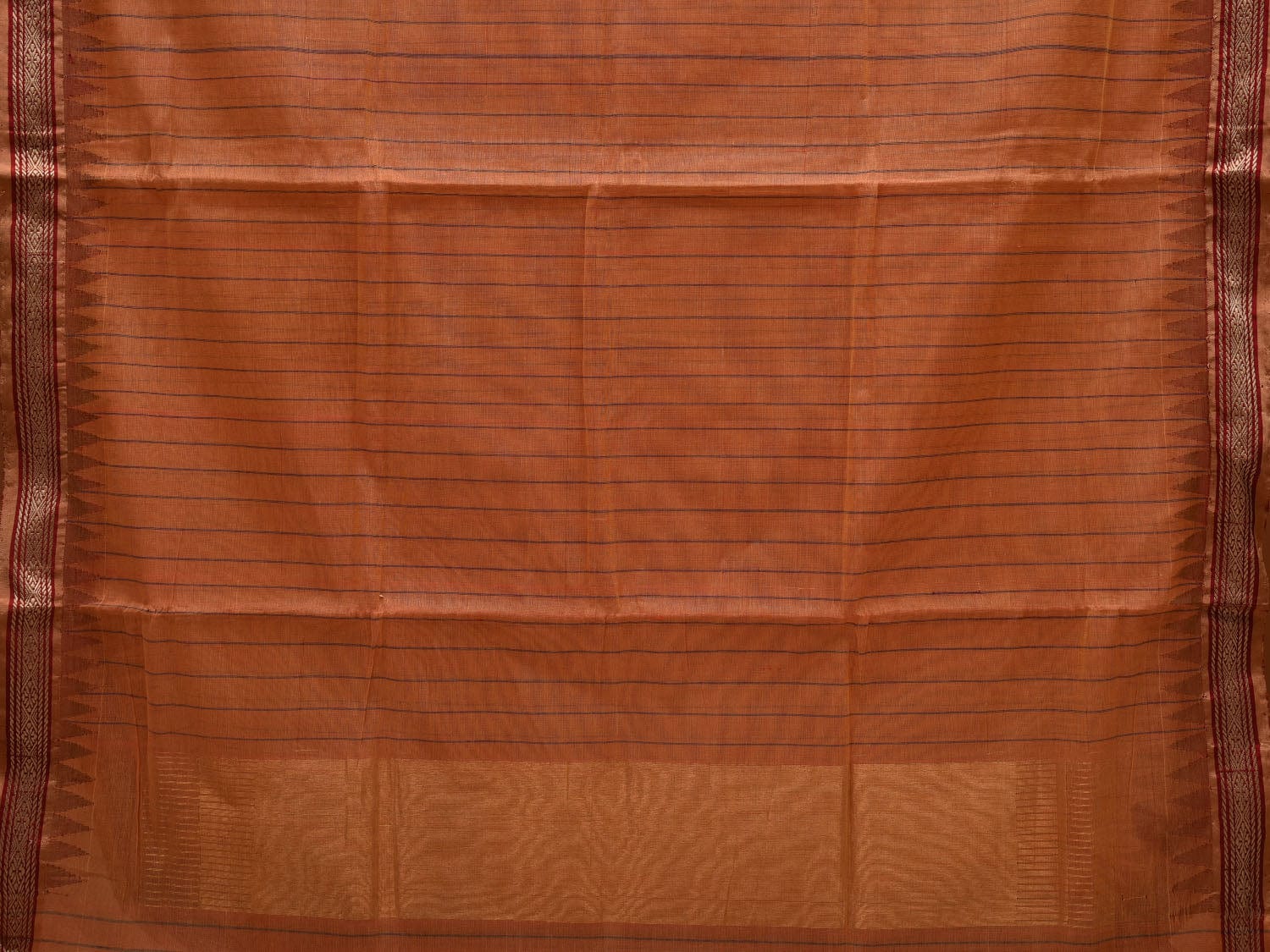 Light Orange Khadi Cotton Handloom Saree with Strips and Temple Border Design kh0539