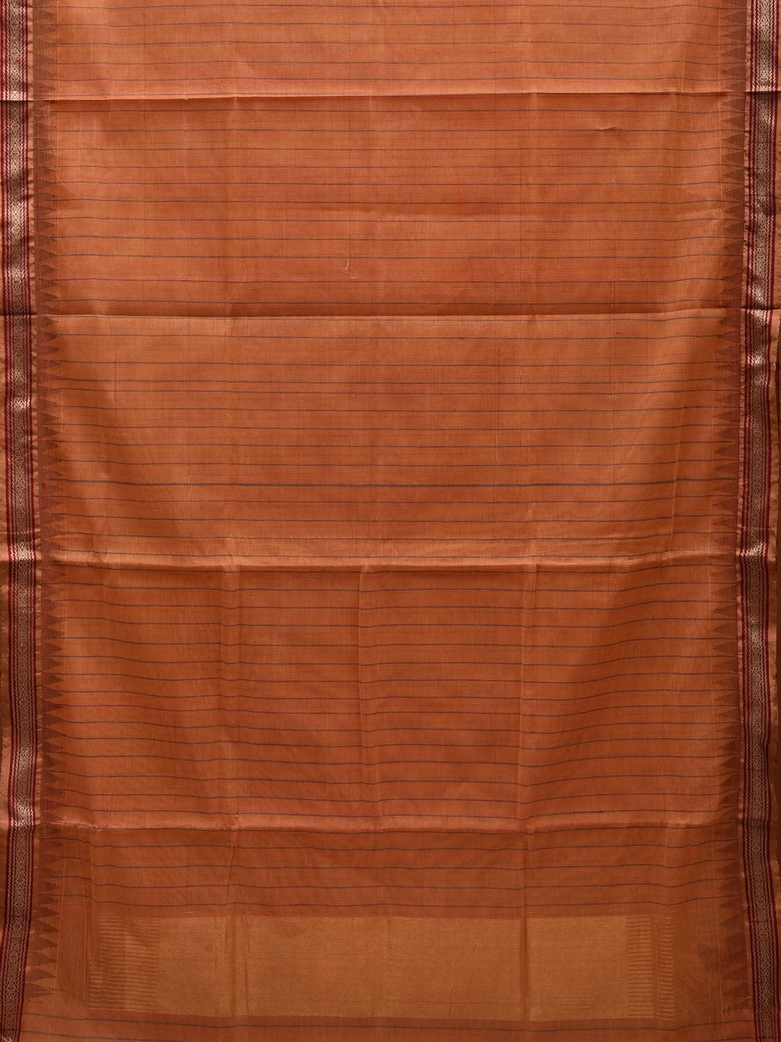 Light Orange Khadi Cotton Handloom Saree with Strips and Temple Border Design kh0539