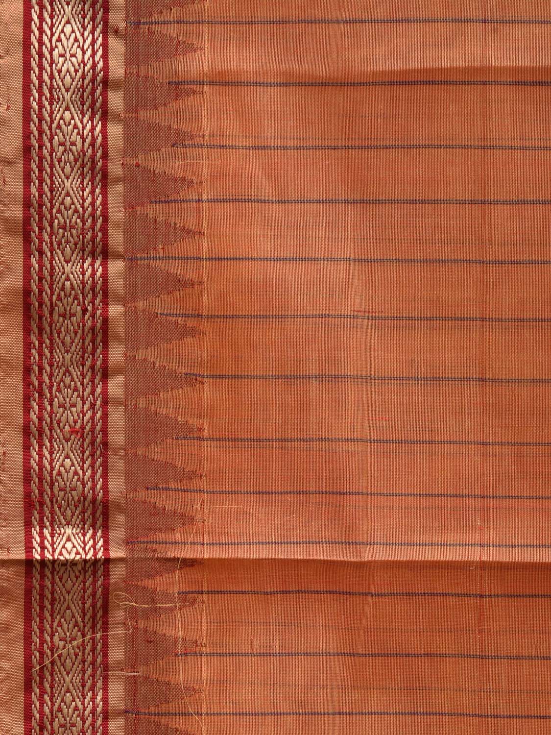 Light Orange Khadi Cotton Handloom Saree with Strips and Temple Border Design kh0539
