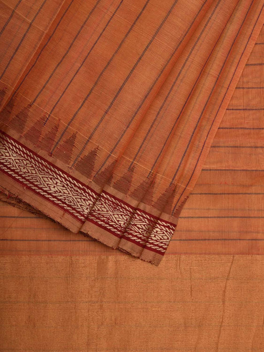 Light Orange Khadi Cotton Handloom Saree with Strips and Temple Border Design kh0539