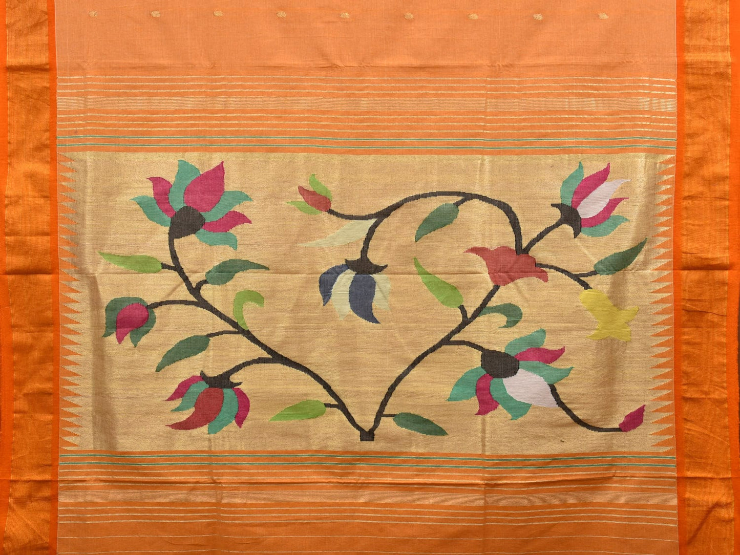Light Orange Paithani Cotton Handloom Saree with Lotus Pallu Design p0440