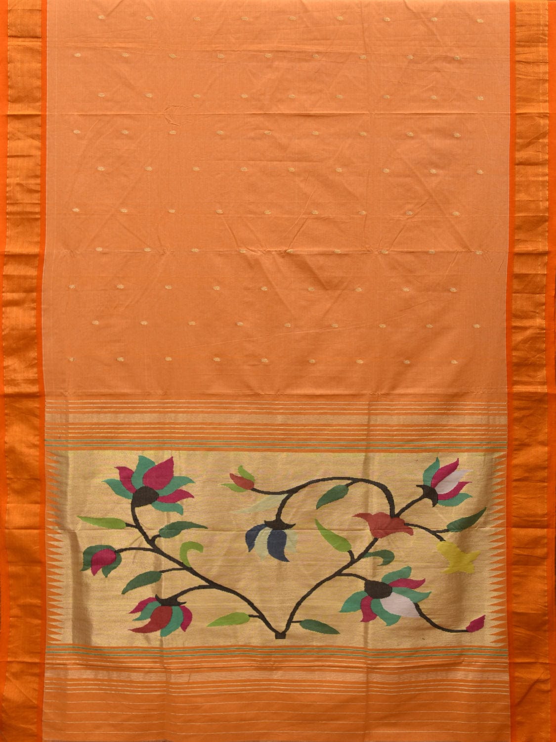 Light Orange Paithani Cotton Handloom Saree with Lotus Pallu Design p0440
