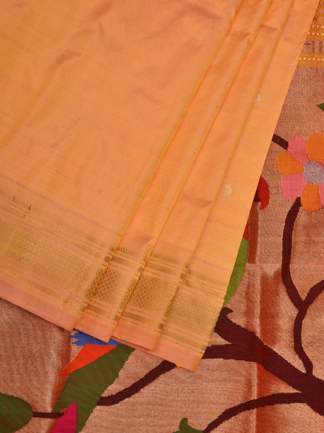 Light Orange Paithani Silk Handloom Saree with Parrots Pallu Design p0464