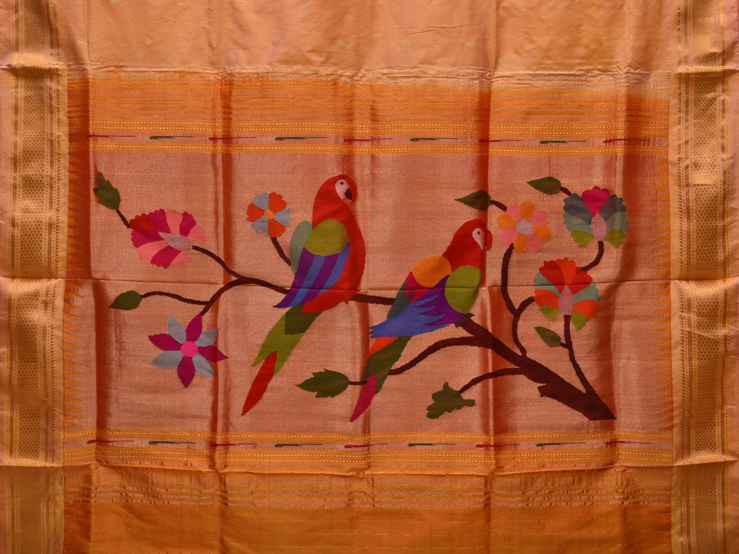 Light Orange Paithani Silk Handloom Saree with Parrots Pallu Design p0464