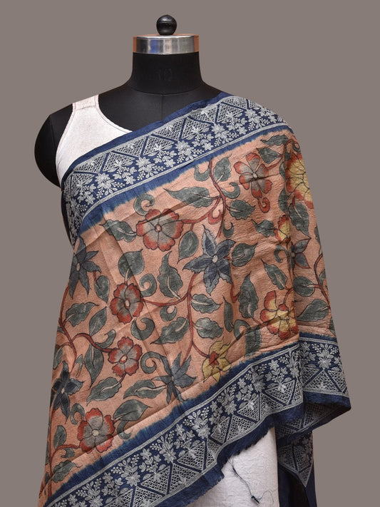 Light Peach and Blue Kalamkari Hand Painted Tussar Handloom Stole with Floral and Embroidery Design ds3499