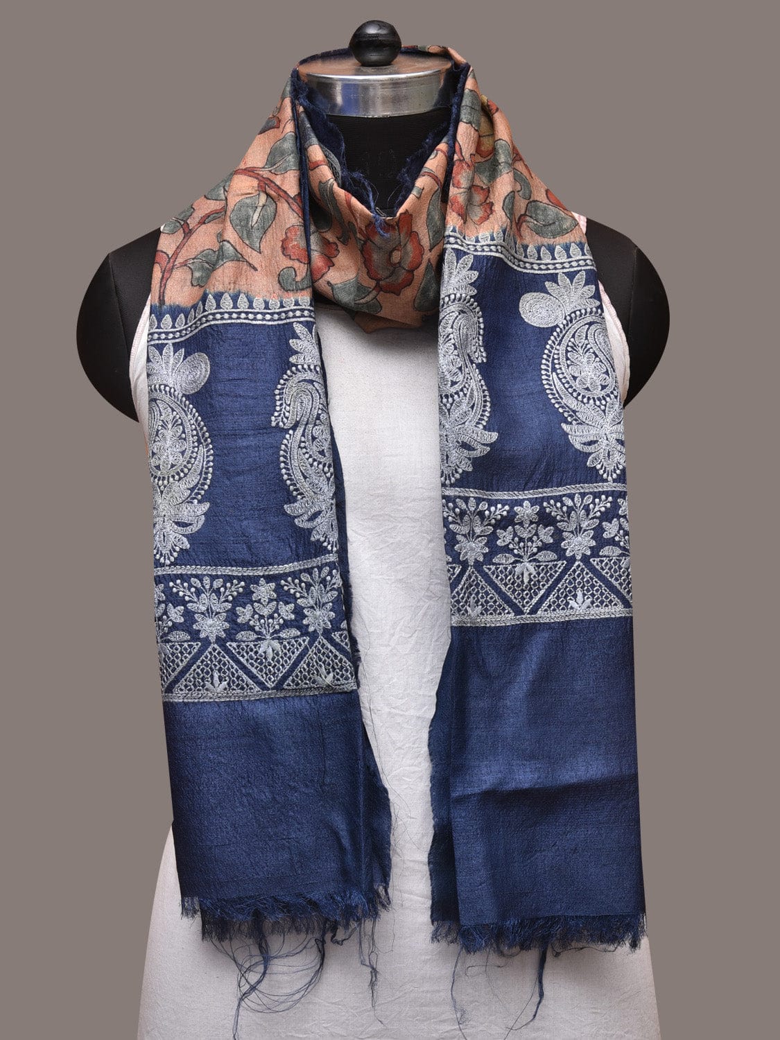 Light Peach and Blue Kalamkari Hand Painted Tussar Handloom Stole with Floral and Embroidery Design ds3499