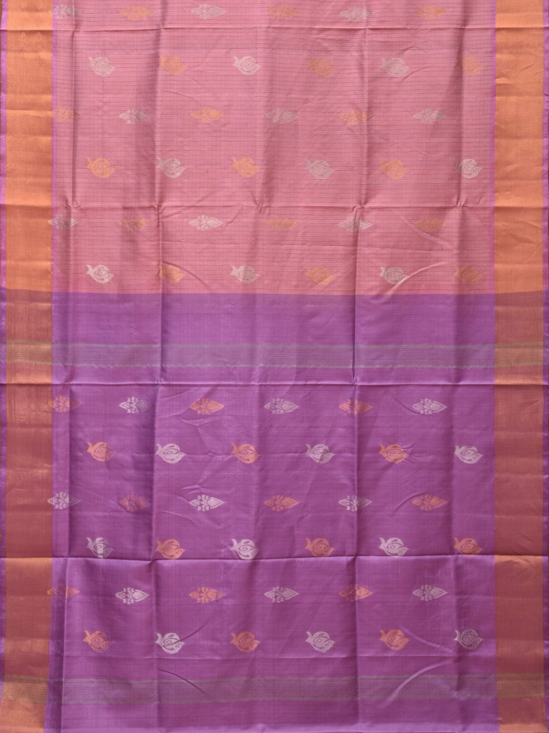 Light Peach and Lavender Uppada Silk Handloom Saree with Body Buta and Checks Design u2193