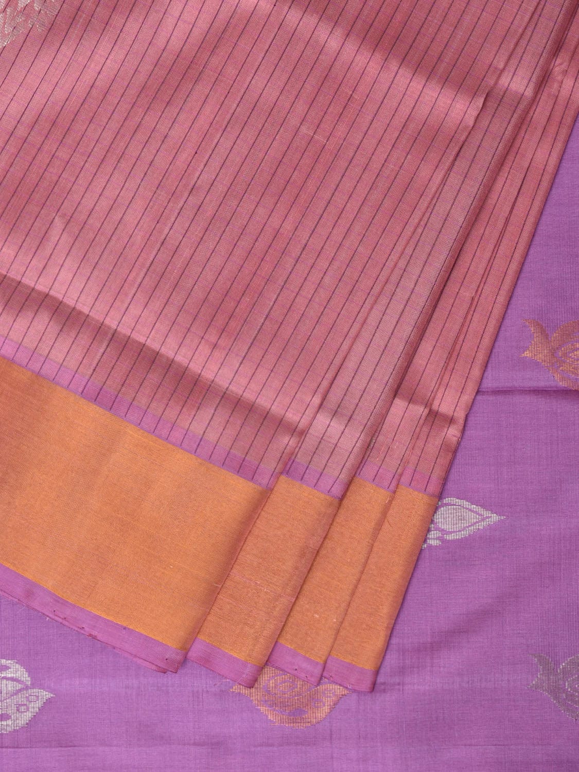 Light Peach and Lavender Uppada Silk Handloom Saree with Body Buta and Checks Design u2193