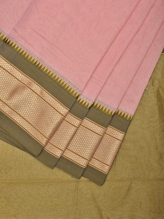 Light Peach and Olive Bamboo Cotton Plain Saree with Contrast Pallu Design No Blouse bc0654