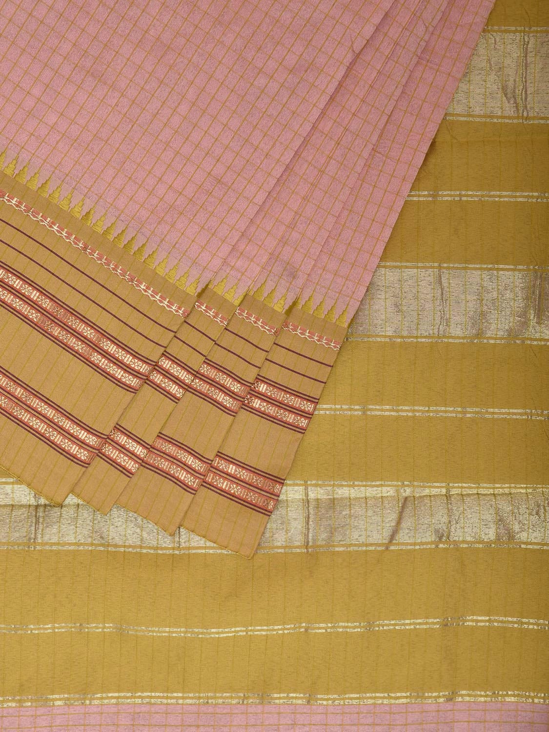 Light Peach and Olive Bamboo Cotton Viscose Silk Saree with Checks Design No Blouse bc0808