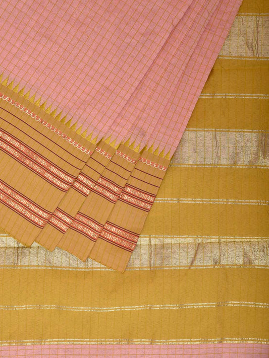 Light Peach and Olive Bamboo Cotton Viscose Silk Saree with Checks Design No Blouse bc0808