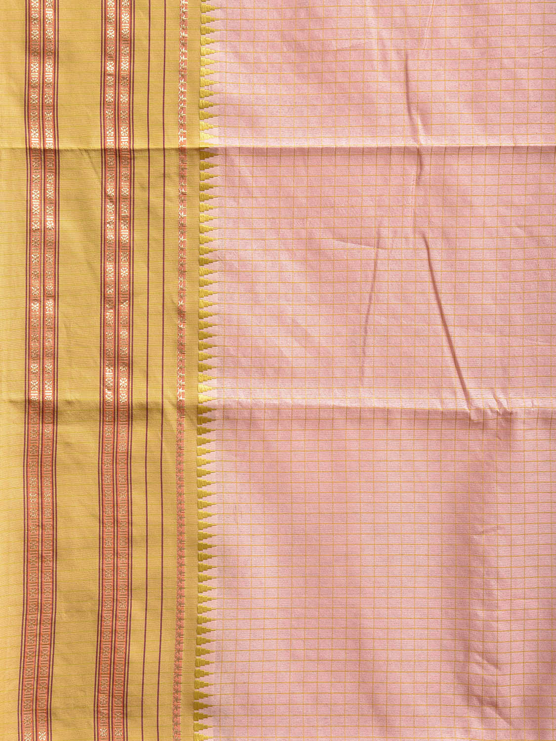 Light Peach and Olive Bamboo Cotton Viscose Silk Saree with Checks Design No Blouse bc0808