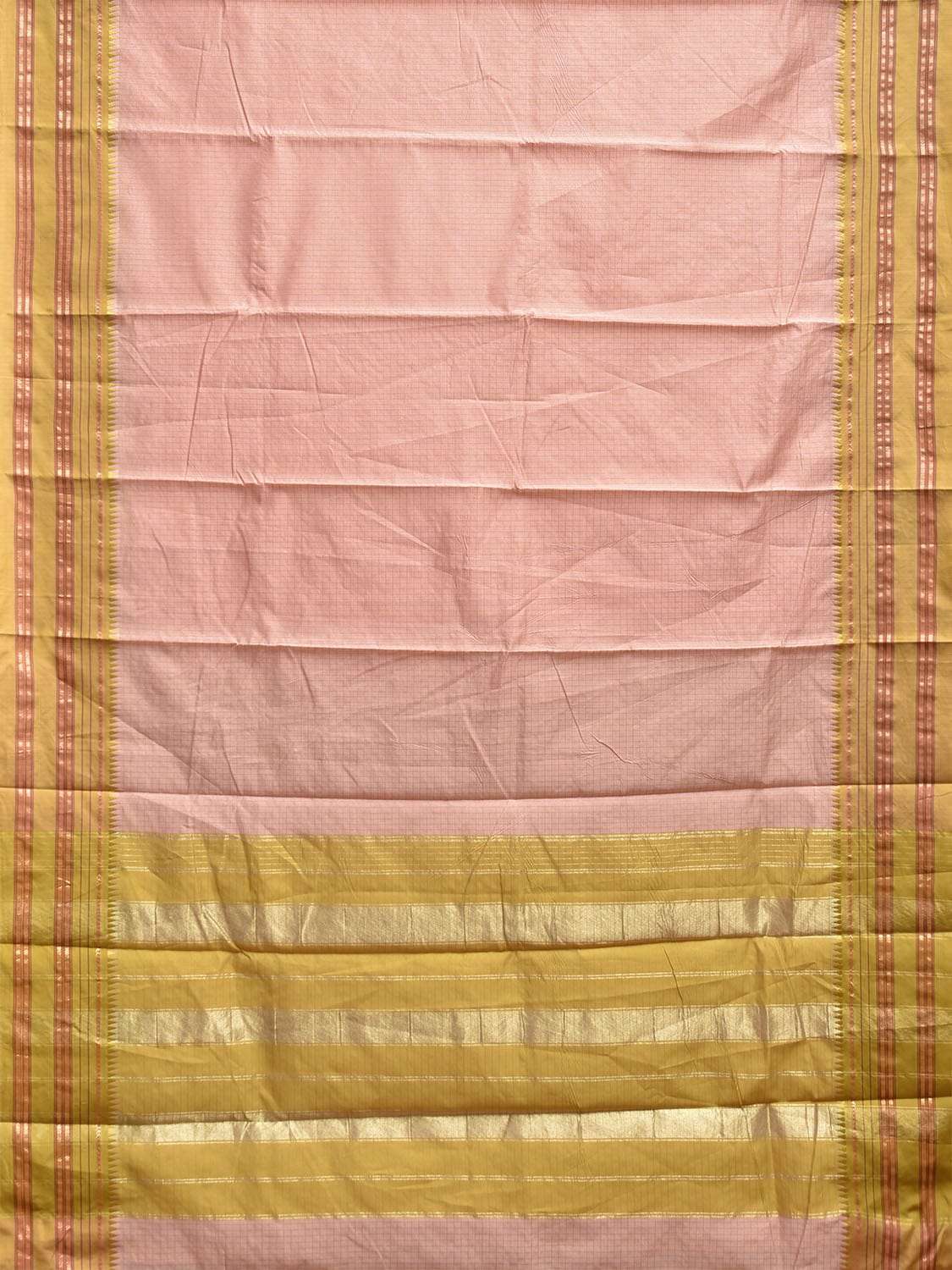 Light Peach and Olive Bamboo Cotton Viscose Silk Saree with Checks Design No Blouse bc0808