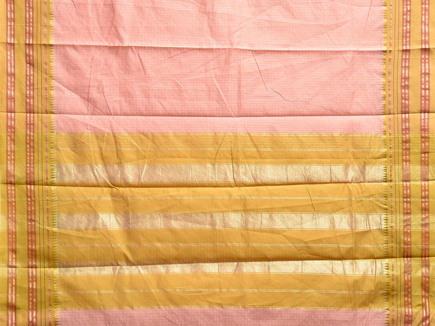 Light Peach and Olive Bamboo Cotton Viscose Silk Saree with Checks Design No Blouse bc0808