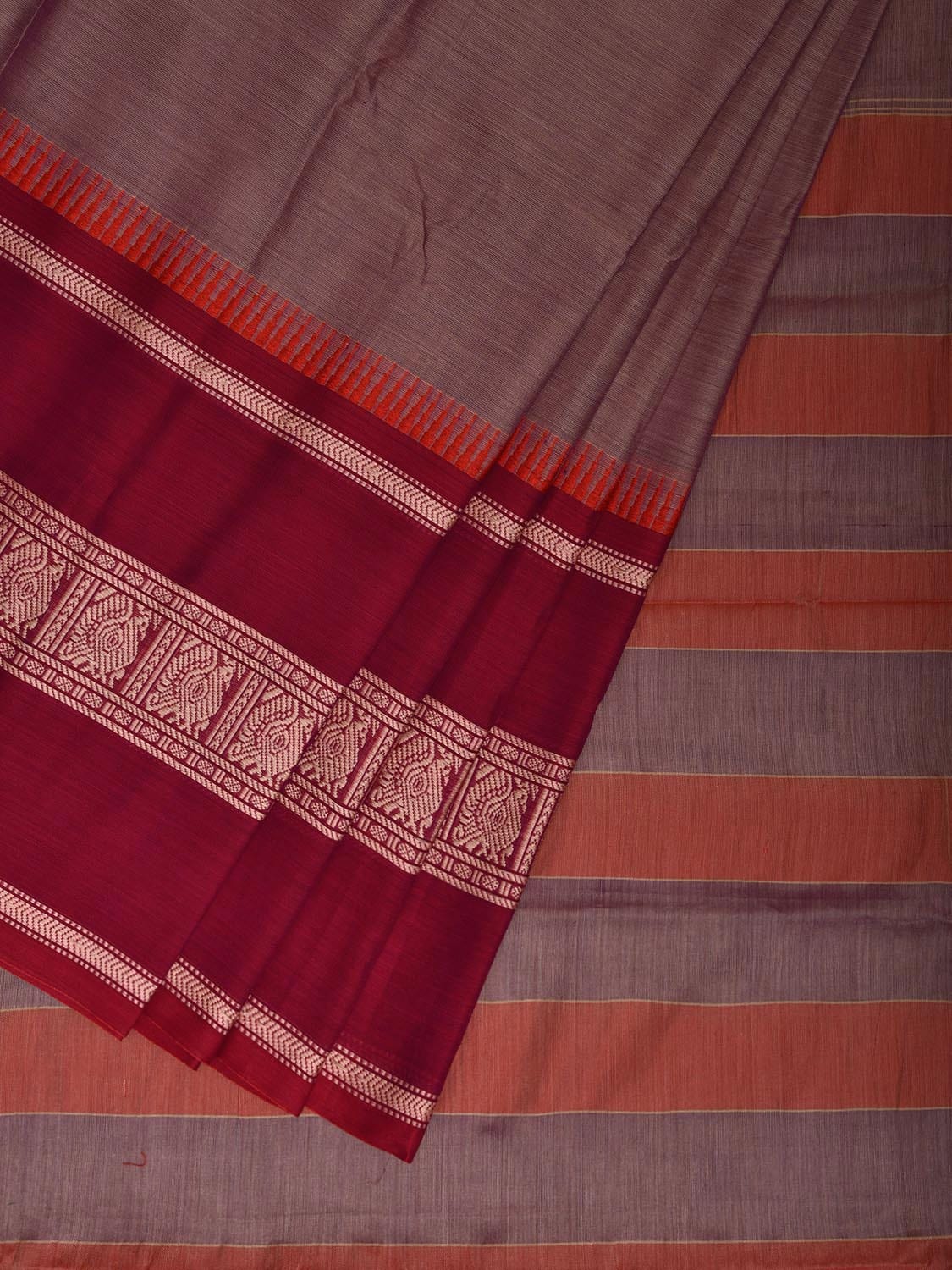 Light Peach and Pink Kanchipuram Cotton Saree with Strips Pallu and Big Border Design No Blouse k0804