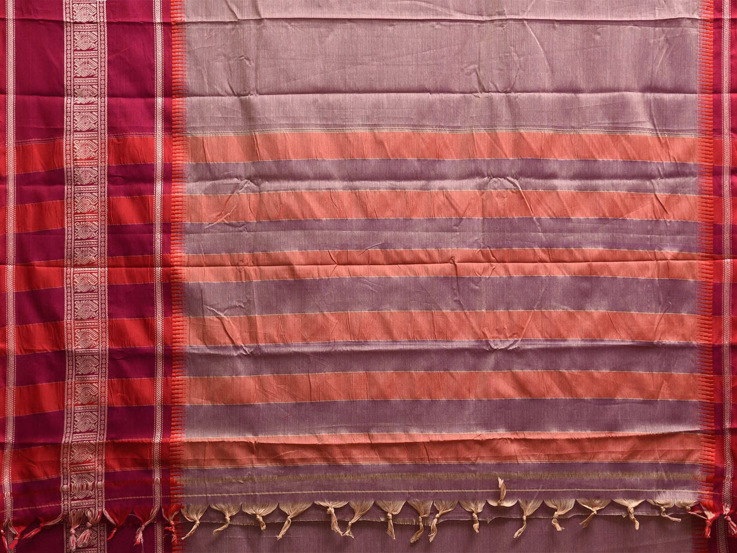 Light Peach and Pink Kanchipuram Cotton Saree with Strips Pallu and Big Border Design No Blouse k0804