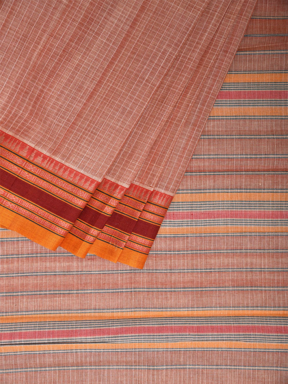 Light Peach and Yellow Narayanpet Cotton Handloom Saree with Checks Design Kalamkari Blouse np1119