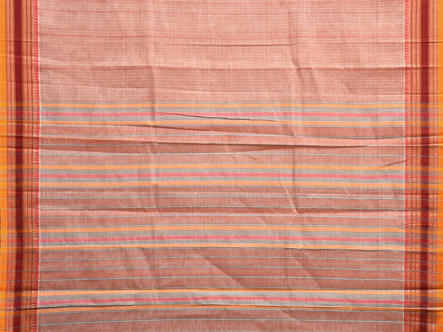 Light Peach and Yellow Narayanpet Cotton Handloom Saree with Checks Design Kalamkari Blouse np1119