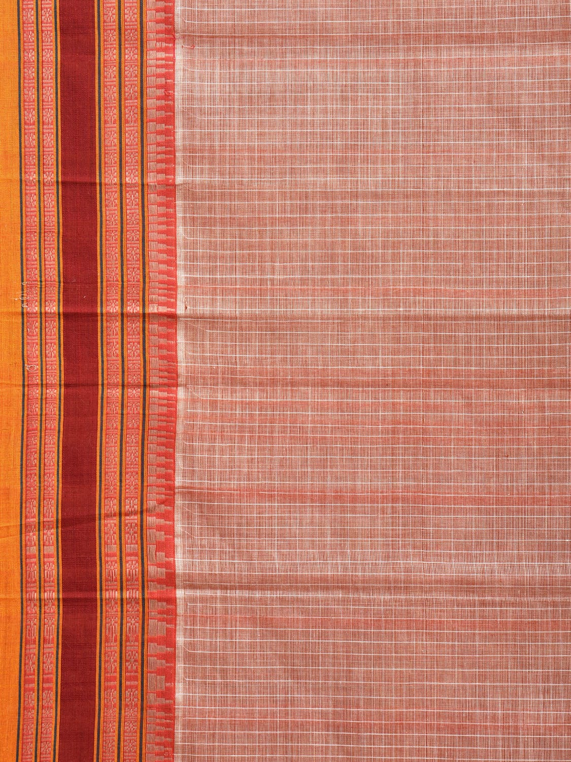 Light Peach and Yellow Narayanpet Cotton Handloom Saree with Checks Design Kalamkari Blouse np1119