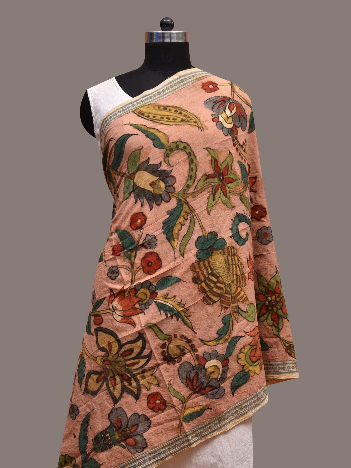 Light Peach Kalamkari Hand Painted Cotton Handloom Dupatta with Floral Design ds3634
