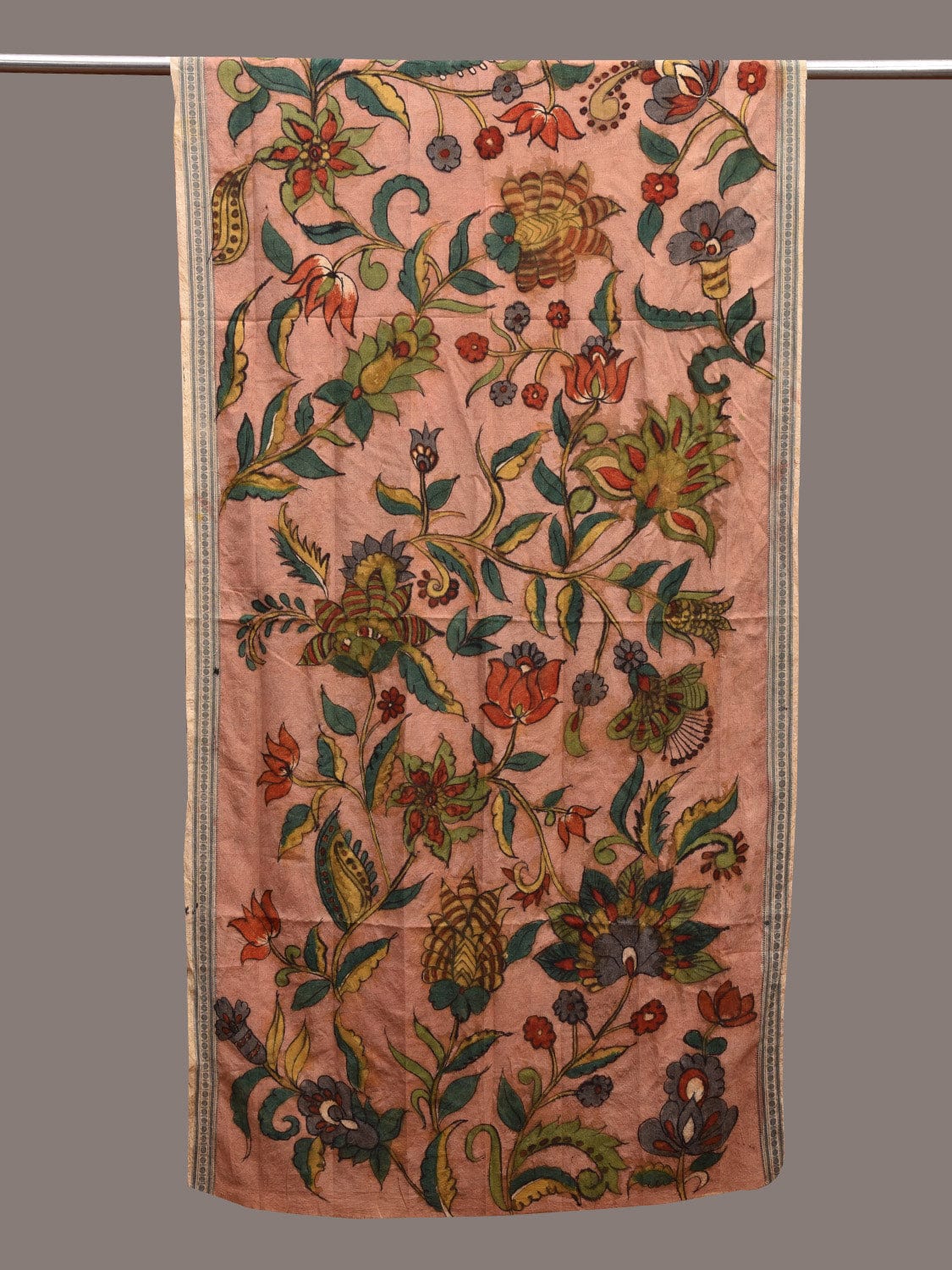 Light Peach Kalamkari Hand Painted Cotton Handloom Dupatta with Floral Design ds3634
