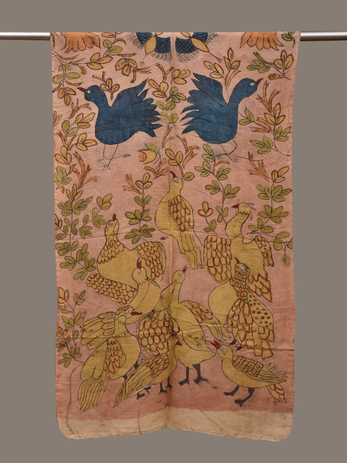 Light Peach Kalamkari Hand Painted Cotton Handloom Stole with Birds Design ds3032
