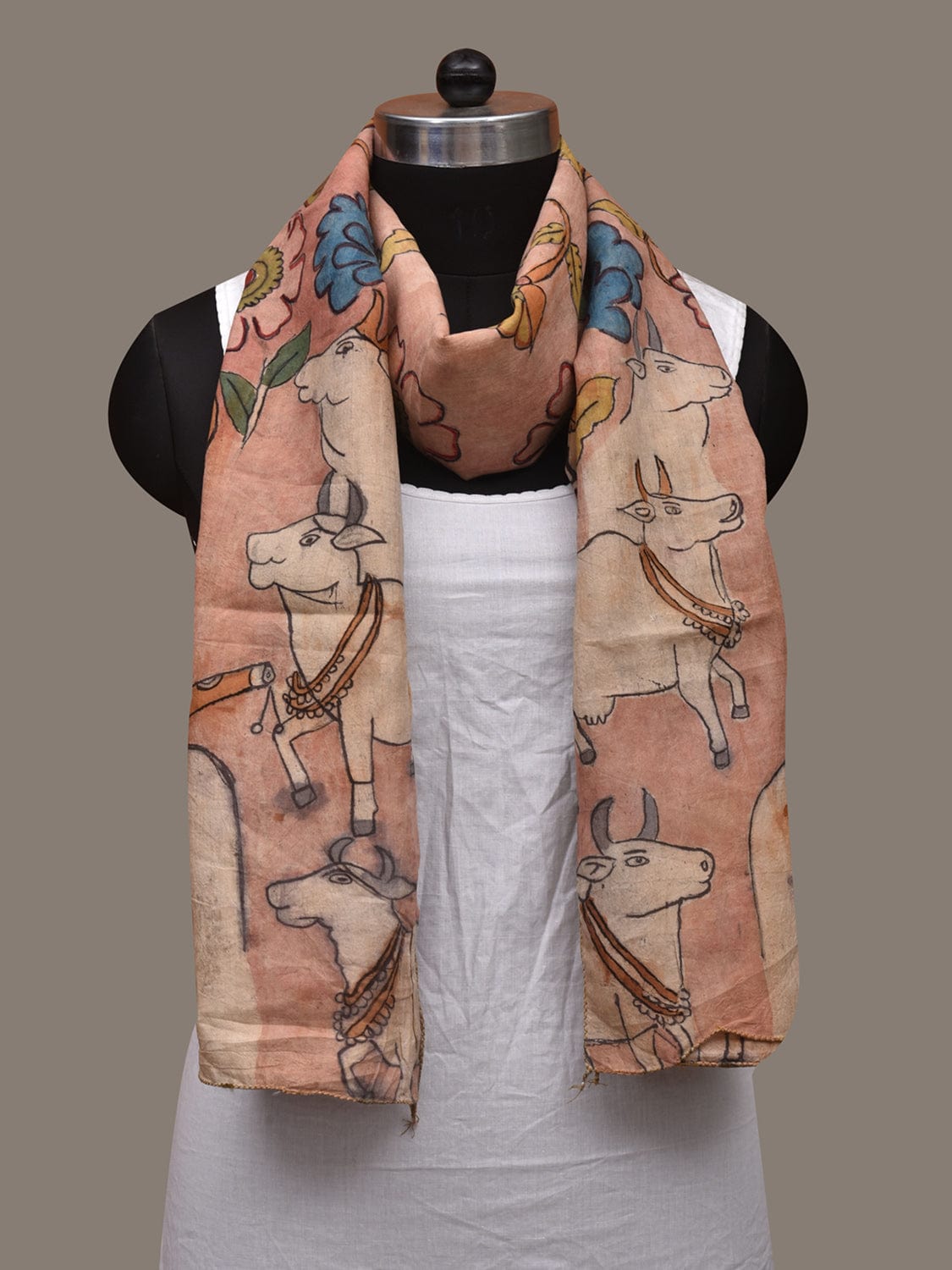 Light Peach Kalamkari Hand Painted Cotton Handloom Stole with Cows and Krishna Design ds3046