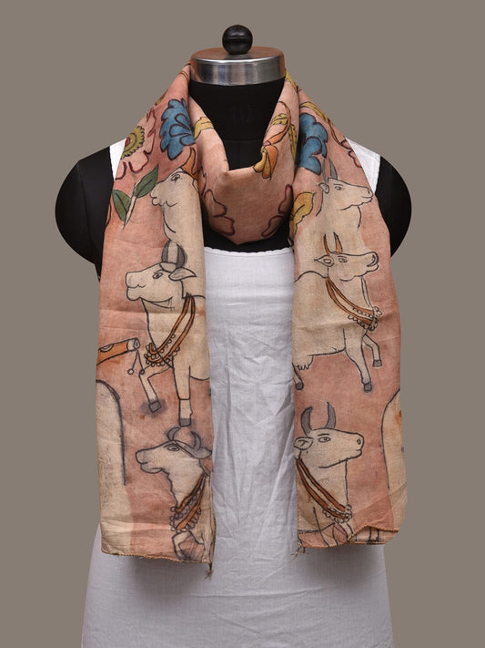 Light Peach Kalamkari Hand Painted Cotton Handloom Stole with Cows and Krishna Design ds3046