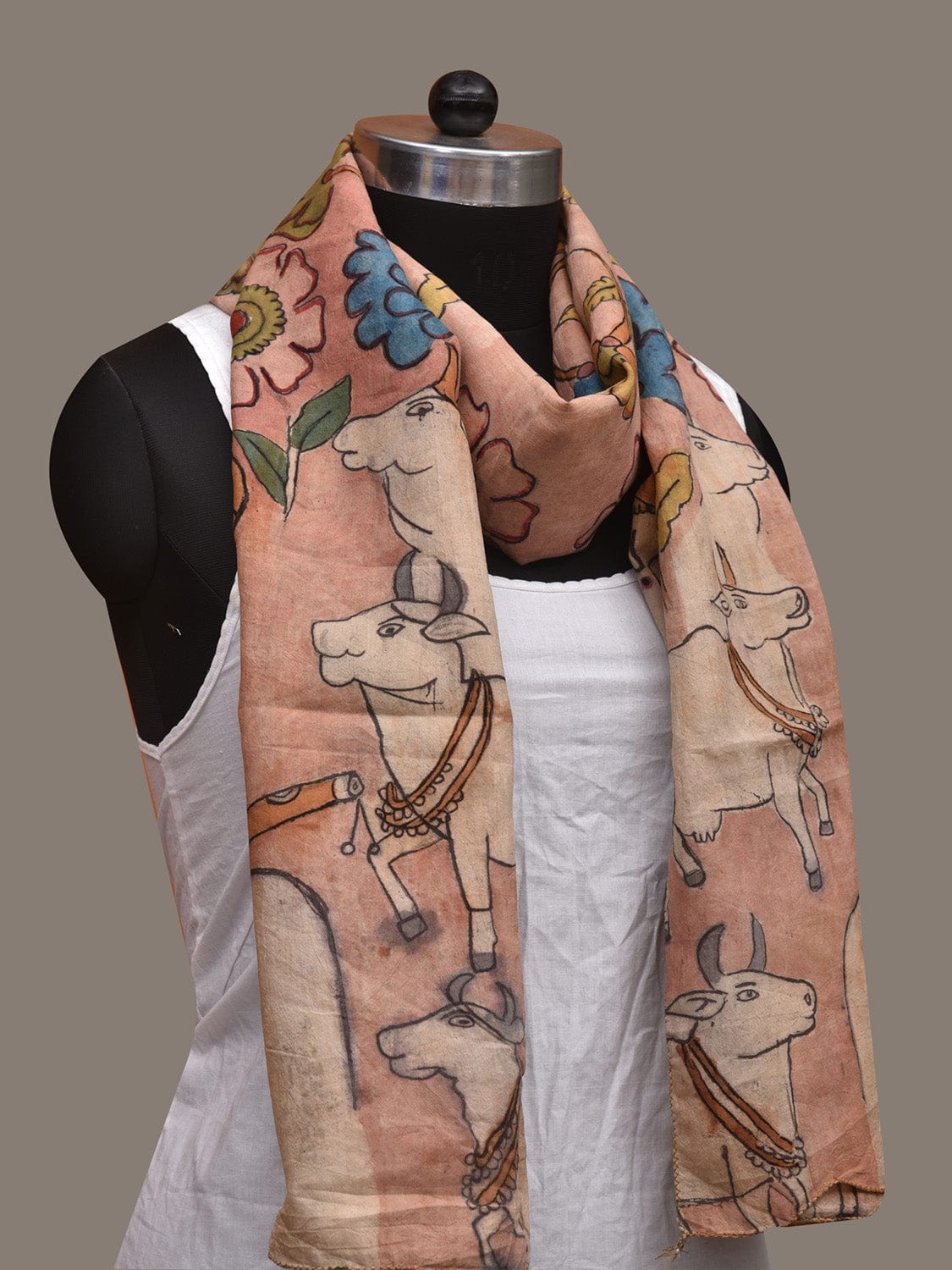 Light Peach Kalamkari Hand Painted Cotton Handloom Stole with Cows and Krishna Design ds3046