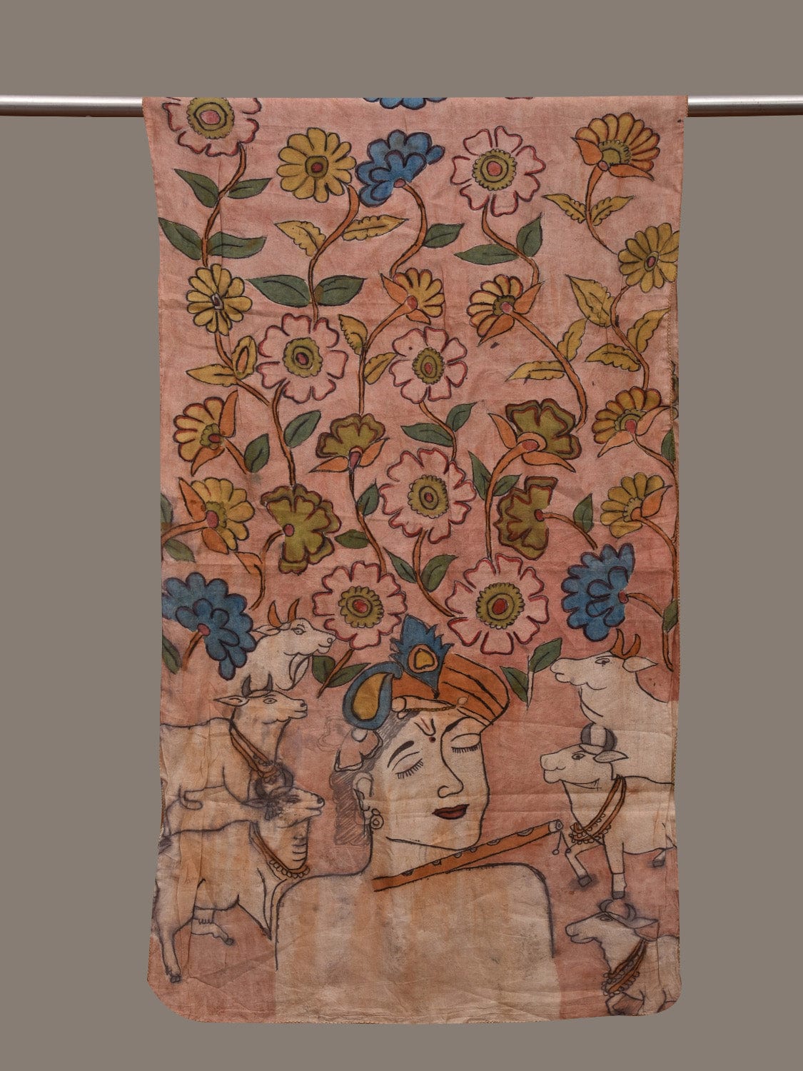 Light Peach Kalamkari Hand Painted Cotton Handloom Stole with Cows and Krishna Design ds3046