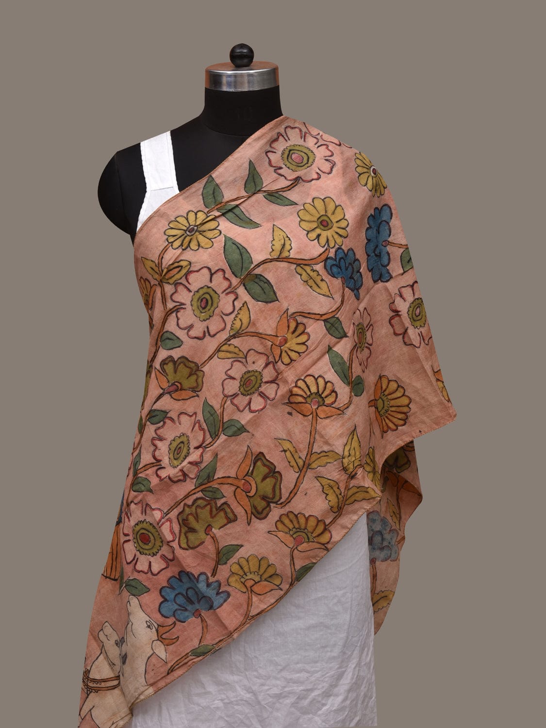Light Peach Kalamkari Hand Painted Cotton Handloom Stole with Cows and Krishna Design ds3046