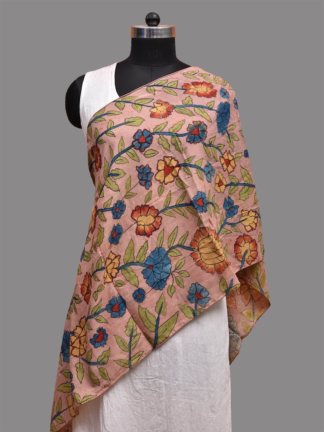 Light Peach Kalamkari Hand Painted Cotton Handloom Stole with Floral Design ds3674