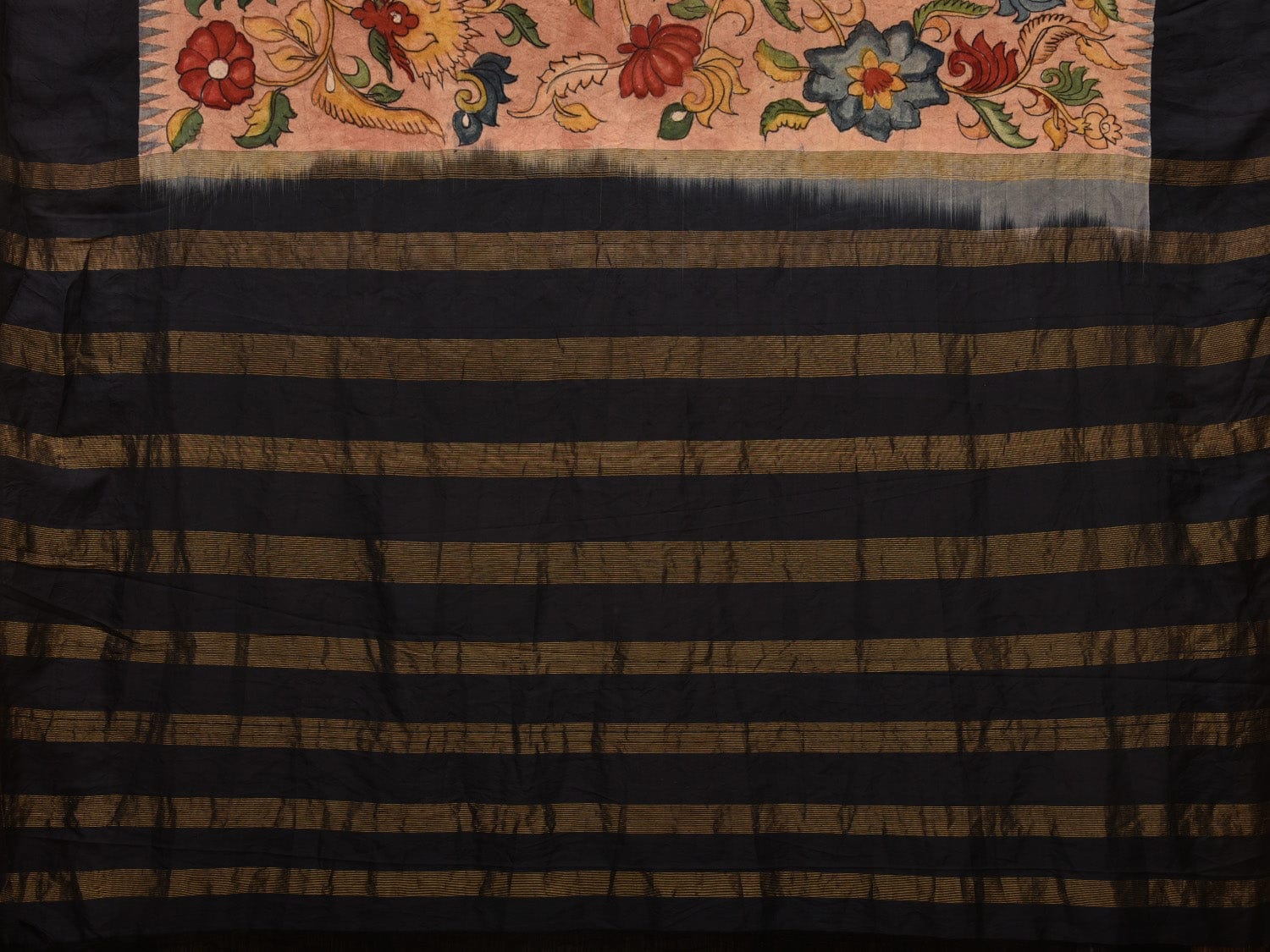 Light Peach Kalamkari Hand Painted Gadwal Silk Handloom Saree with Floral Design KL0674