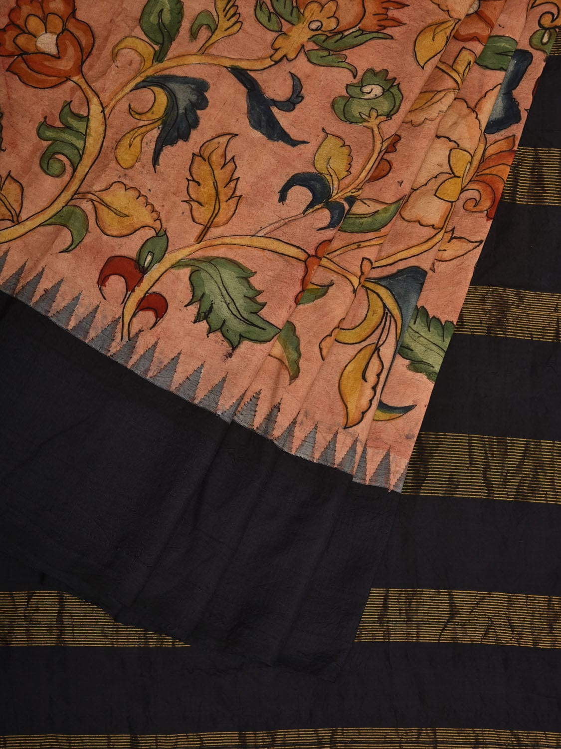 Light Peach Kalamkari Hand Painted Gadwal Silk Handloom Saree with Floral Design KL0674