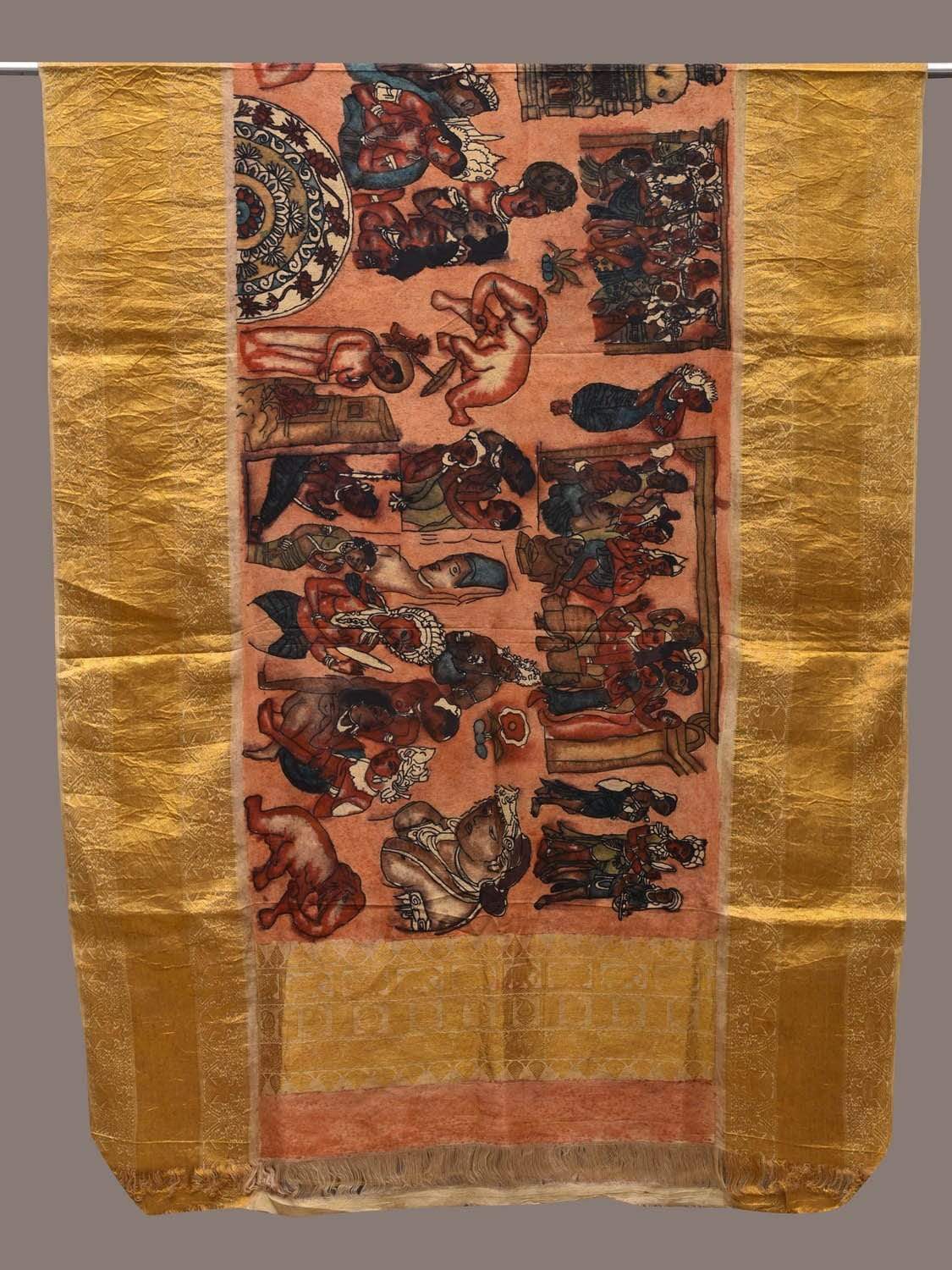 Light Peach Kalamkari Hand Painted Kanchipuram Silk Handloom Dupatta with Ajanta Painting Design ds2490