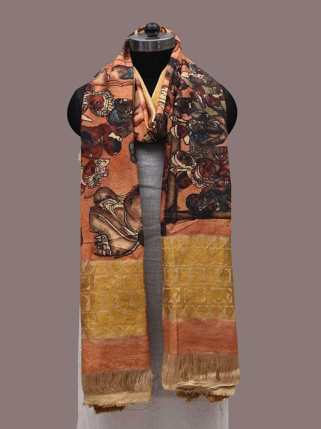 Light Peach Kalamkari Hand Painted Kanchipuram Silk Handloom Dupatta with Ajanta Painting Design ds2490