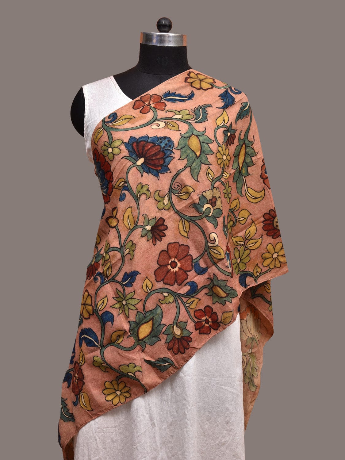 Light Peach Kalamkari Hand Painted Sico Stole with Floral Design ds3613