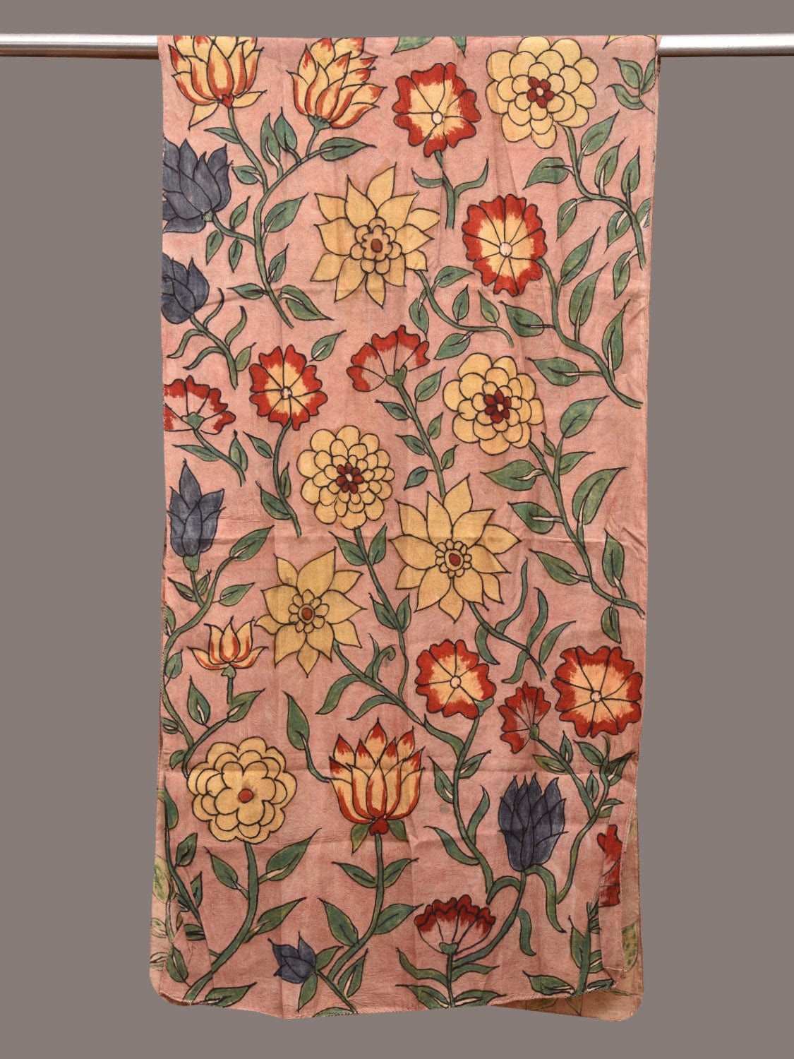 Light Peach Kalamkari Hand Painted Sico Stole with Lotus Flowers Design ds3618