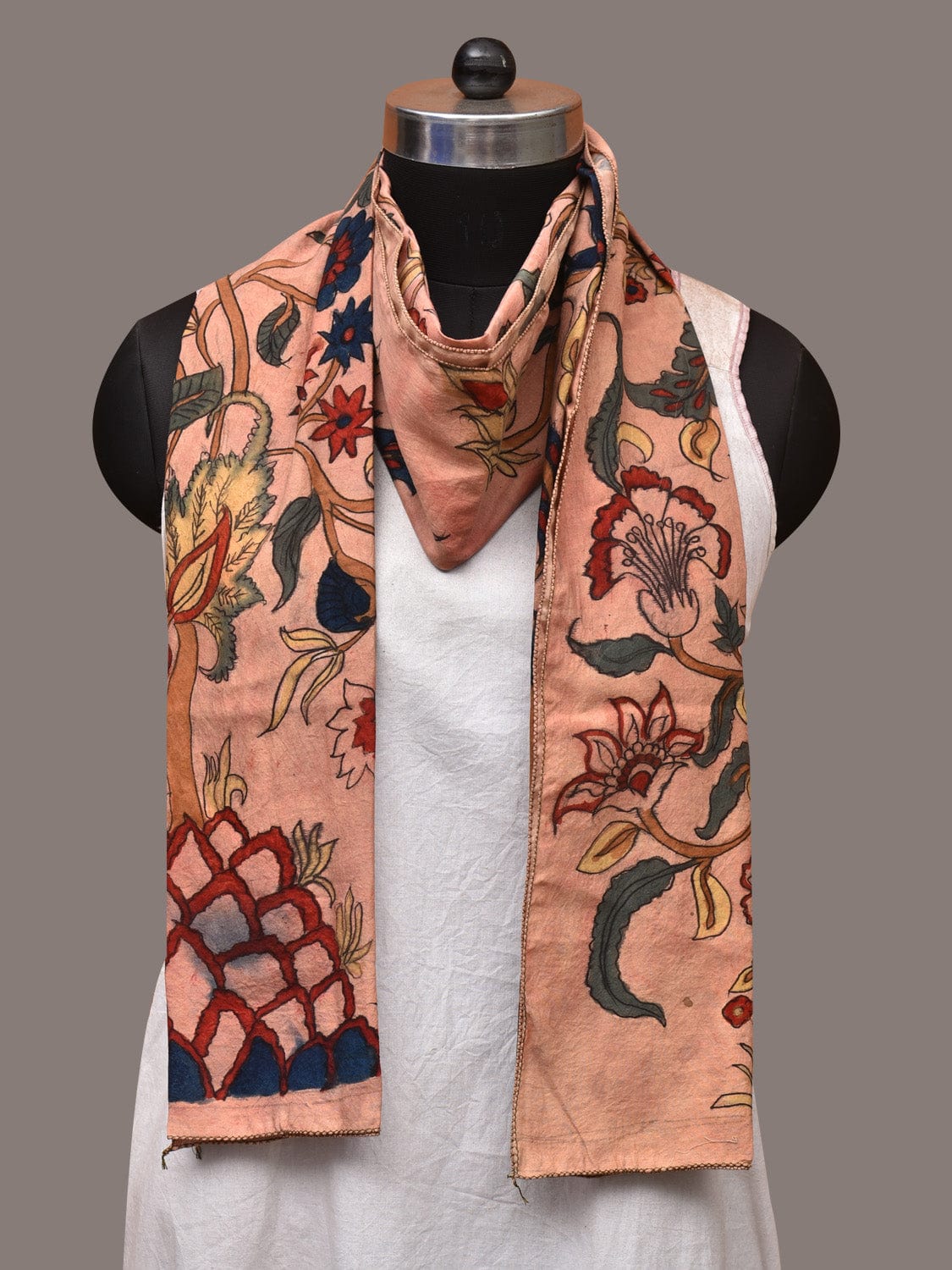Light Peach Kalamkari Hand Painted Sico Stole with Tree of Life Design ds3523