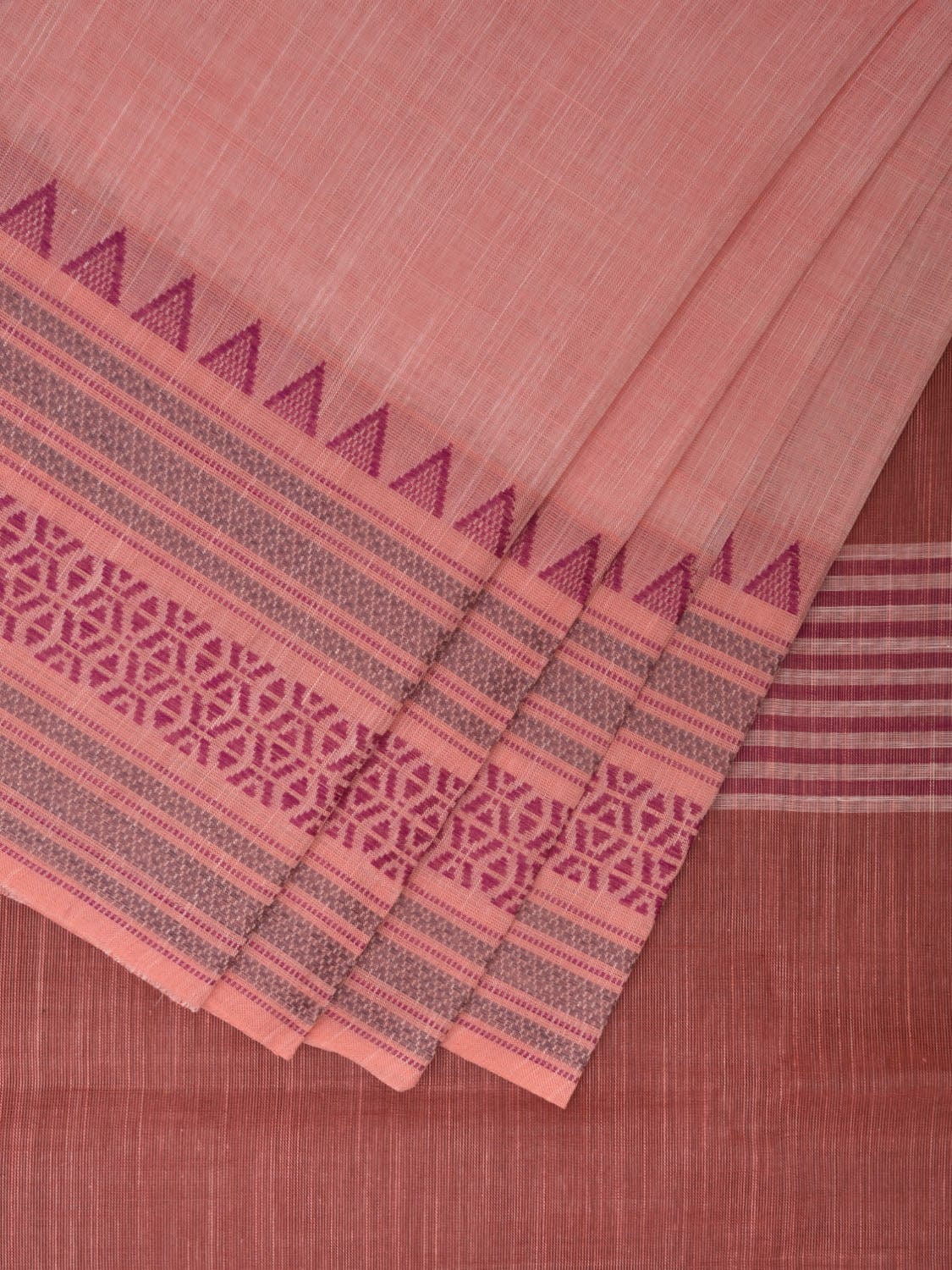Light Peach Kanchipuram Cotton Handloom Plain Saree with Border Design k0574