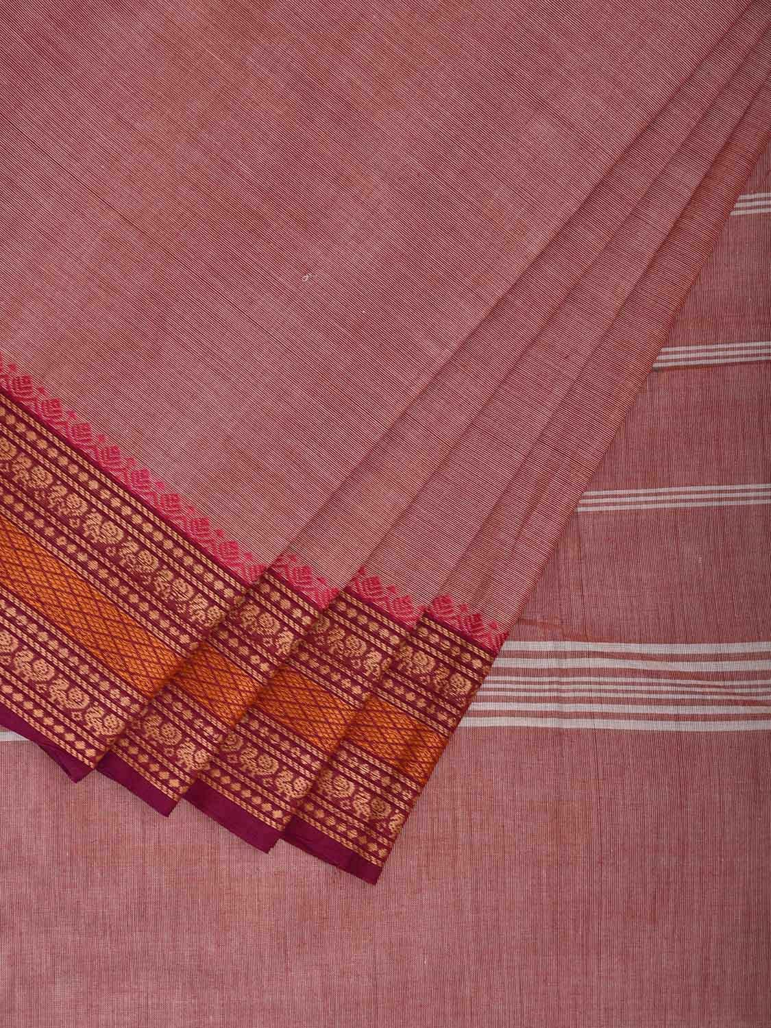 Light Peach Kanchipuram Cotton Plain Saree with Strips Pallu and Border Design Kalamkari Blouse k0816