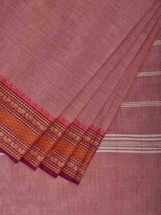 Light Peach Kanchipuram Cotton Plain Saree with Strips Pallu and Border Design Kalamkari Blouse k0816