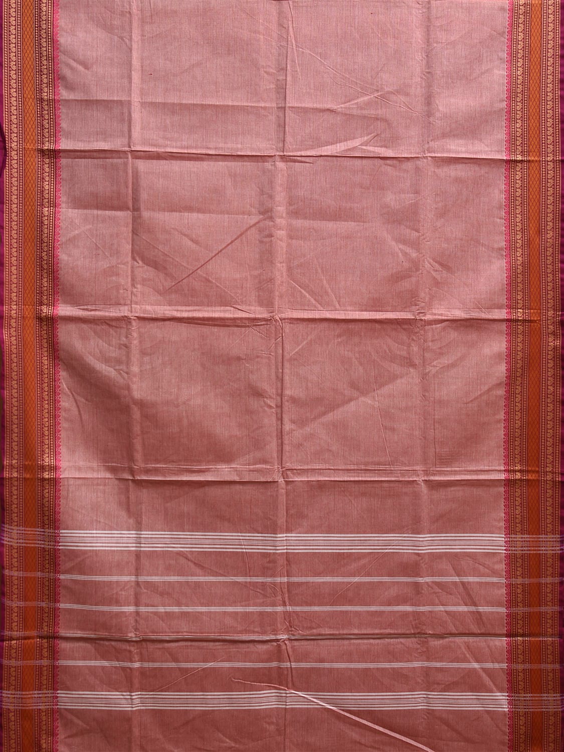 Light Peach Kanchipuram Cotton Plain Saree with Strips Pallu and Border Design Kalamkari Blouse k0816
