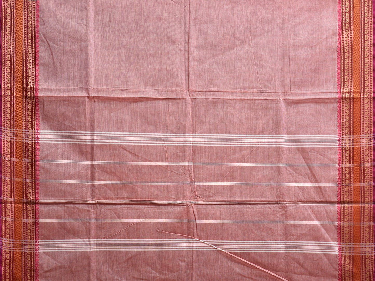 Light Peach Kanchipuram Cotton Plain Saree with Strips Pallu and Border Design Kalamkari Blouse k0816